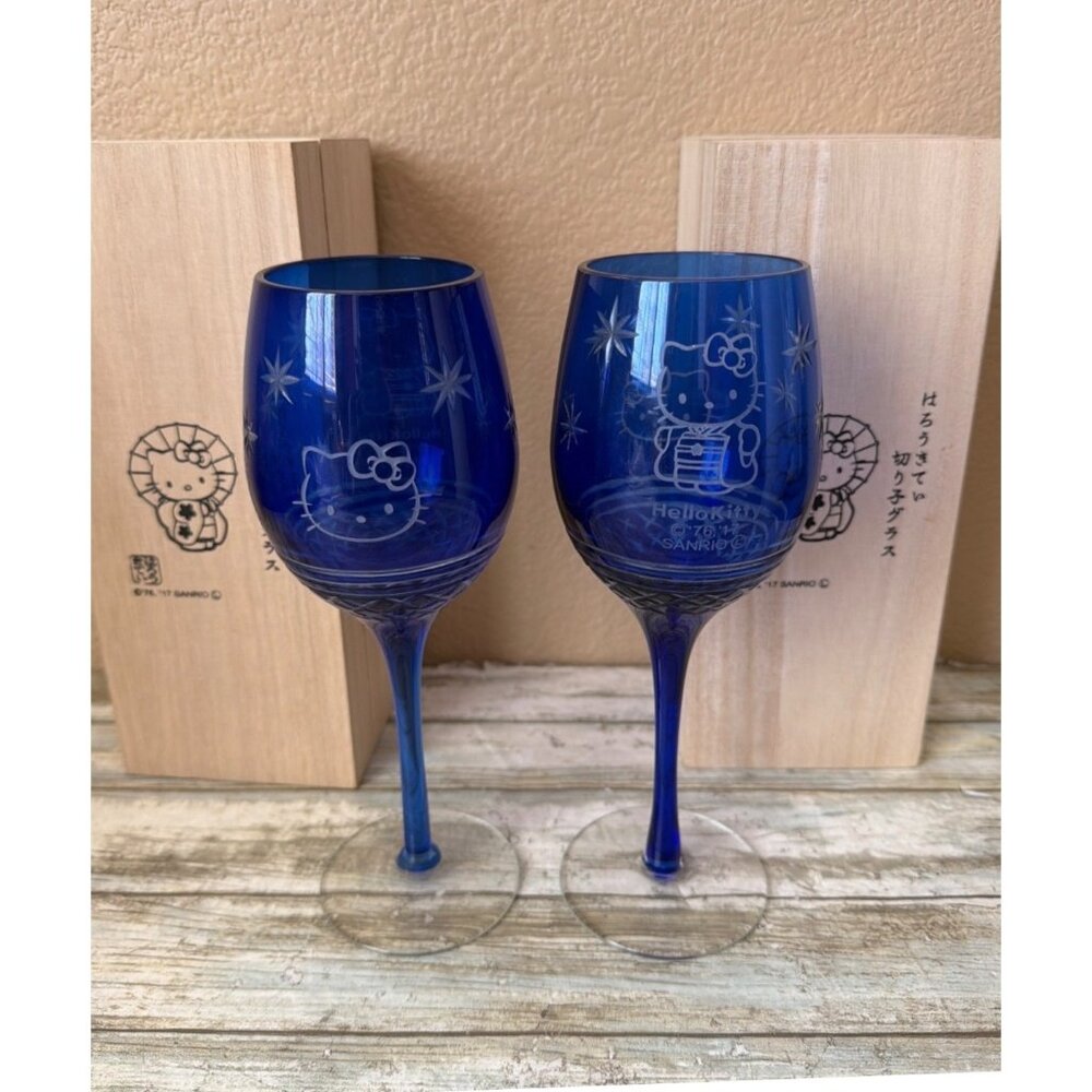 2 X Hello Kitty Kiriko Wine Glass Blue w/ Wooden Box Sanrio Japan 2017